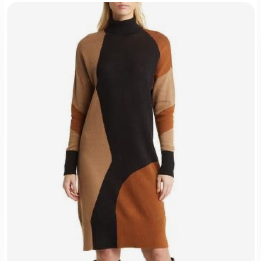 Anne Klein Oversized Long Sleeve Colorblock Dress - Black and Brown M